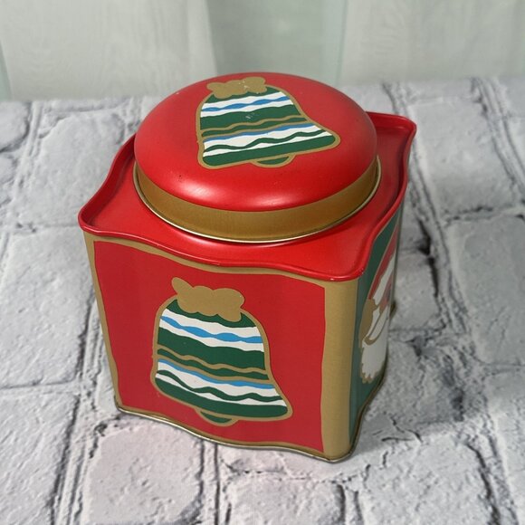 Vintage Santa Bell Poinsettia Cube Shaped Christmas metal tin 5” - Picture 8 of 13